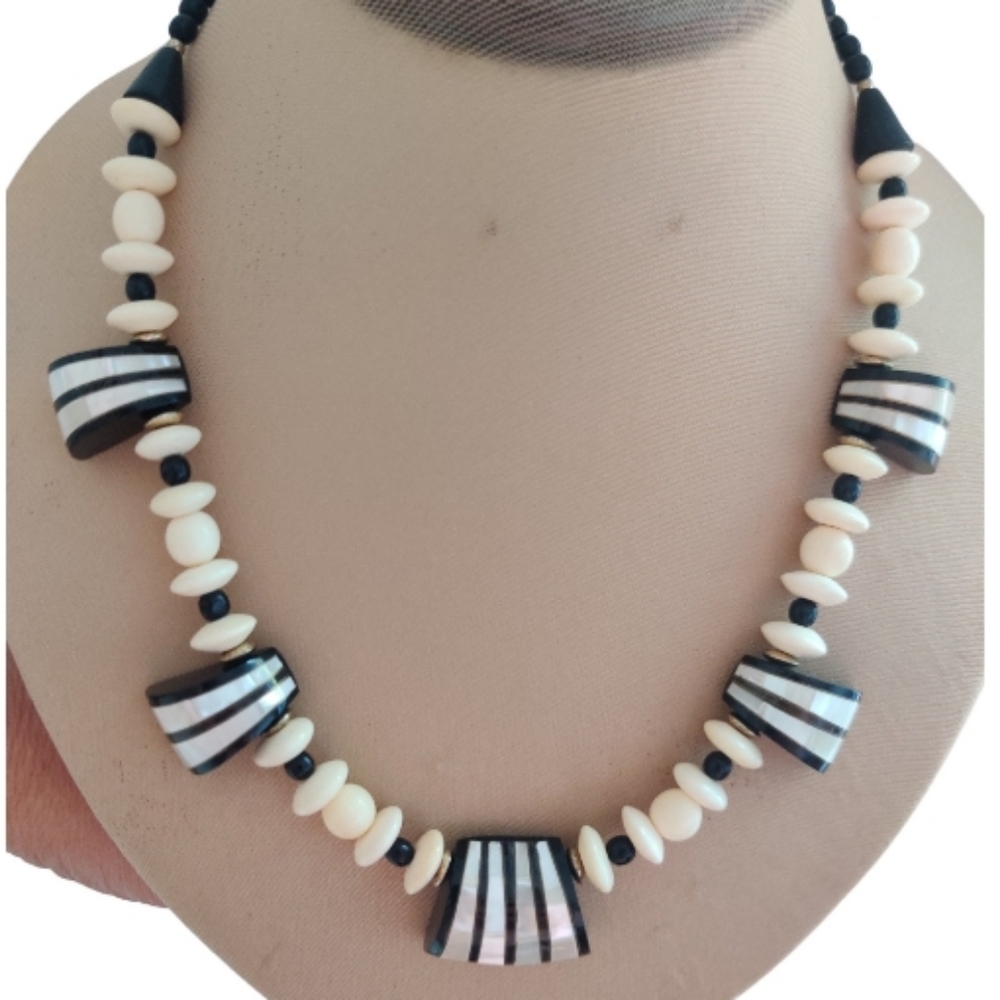 Vintage Artisan Geometric necklace Bone, wood, abalone